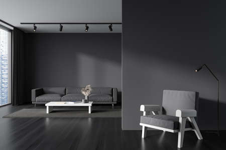 Front view on dark living room interior with empty gray wall, panoramic window, coffee table, sofa,...