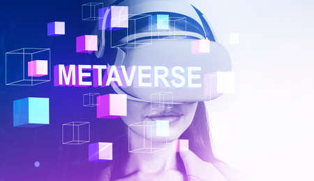 Businesswoman silhouette portrait in vr glasses, hologram of information fields, colorful data blocks in metaverse on white background. Concept of virtual realityの写真素材