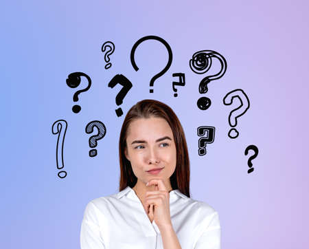 Businesswoman with hand to chin, thoughtful portrait, searching for answers. Doodle question marks...