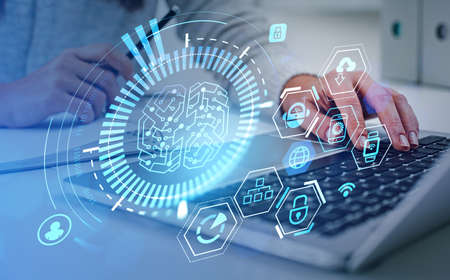 Businesswoman finger typing on laptop keyboard, glowing hologram with brain hud and glowing digital...