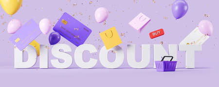 Discount concept with credit card and balloons floating. Shopping paper bag and confetti. Concept of...