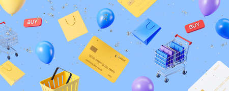 Online shopping, credit card and balloons floating with confetti on blue background. Web banner,...