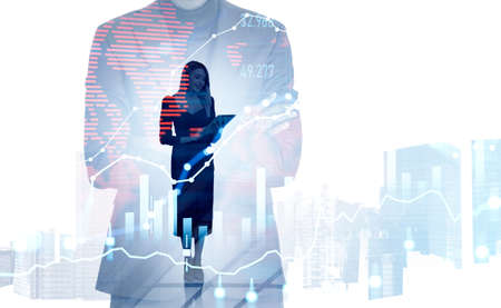 Businesswoman and businessman wearing formal wear work together trading on stock market. singapore skyscraper. Bar diagrams, rising graphs. Concept of successful share trading on stock exchange.の写真素材