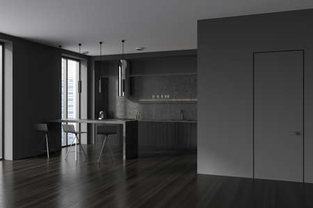 Dark kitchen interior with bar table and chairs, side view, invisible door. Kitchenware on deck....