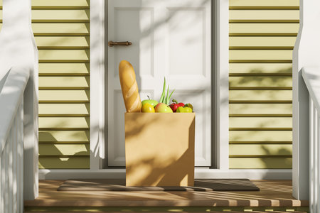 Grocery bag with fresh food, paper bag with vegetarian products at the doorstep. Concept of food delivery. Mockup copyspace. 3D renderingの写真素材