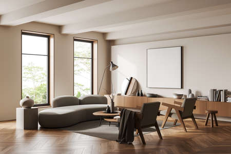 Beige meeting room interior with sofa and armchairs, side view, drawer with art decoration, carpet...