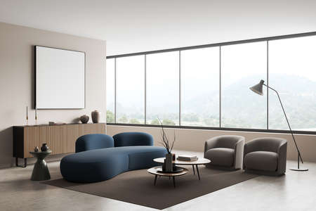 White living room interior with sofa and two armchairs, side view, coffee table and dresser with art...
