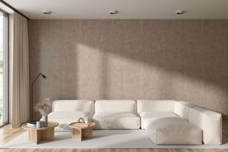 Beige chill interior with sofa and coffee table with art decoration, carpet on hardwood floor....