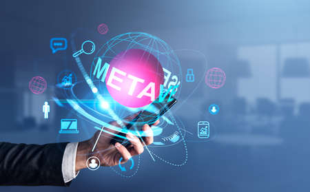Businessman hand with phone, colorful metaverse digital sphere hologram hud. Social media and forex...
