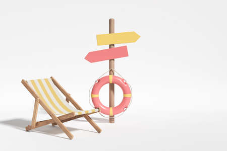Sunbed, road pointer and pink lifebuoy on white background. Concept of beach and life protection....