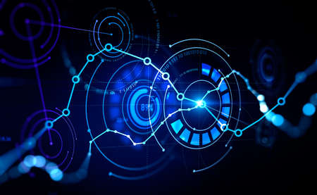 Big data hologram with numbers and abstract lines with binary, business development dynamics....