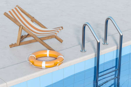 Sunbed and orange lifebuoy gray concrete floor, hotel swimming pool with water. Concept of rescue...