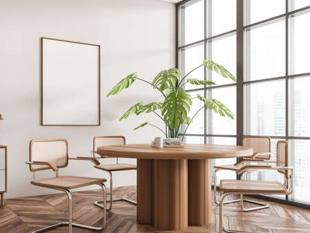 Beige living room interior with eating table and chairs, side view, hardwood floor. Panoramic window...