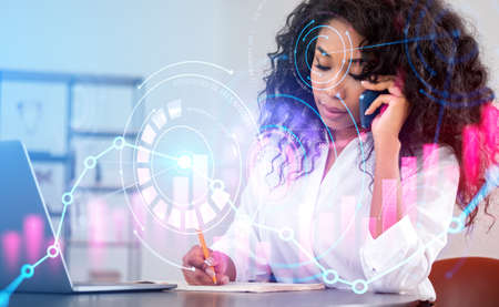 Black businesswoman take note and call on the phone, double exposure, colorful big data hologram...