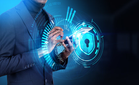 Black businessman working with smartphone, earth hologram virtual hud with shield and lock. Digital...