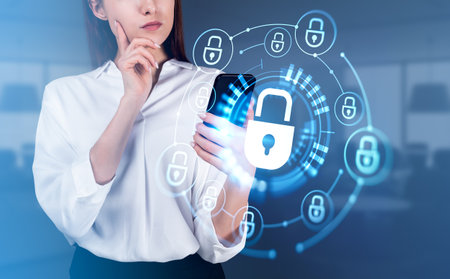Pensive businesswoman with hand to chin, using phone. Security lock chain hologram and digital icons...