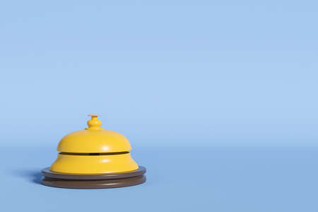 Golden reception bell on light blue background. Concept of hotel and service. 3D renderingの写真素材