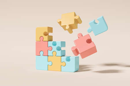 Colorful puzzles details flying and connecting. Concept of idea and solution. 3D rendering