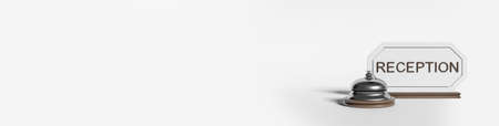 Long empty copy space banner with silver bell and reception name plate on white background. Concept of service and help. 3D renderingの写真素材