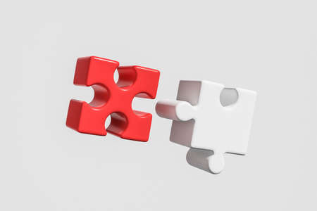 Two red and white puzzle details on gray background. Concept of connection and cooperation. 3D...