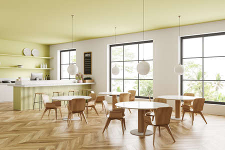 Corner view on modern bright cafe interior with panoramic window, tables with armchairs, white wall, hardwood floor, bar counter with barstools and computer. Concept of minimalist design. 3d renderingの写真素材