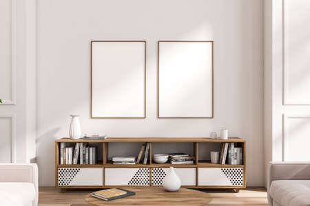 White living room interior with sideboard and stylish decoration, seats and coffee table on hardwood...