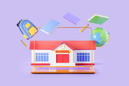 Laptop screen and cartoon school building with backpack and textbook flying, earth globe on purple background. concept of distance learning. 3D renderingの写真素材