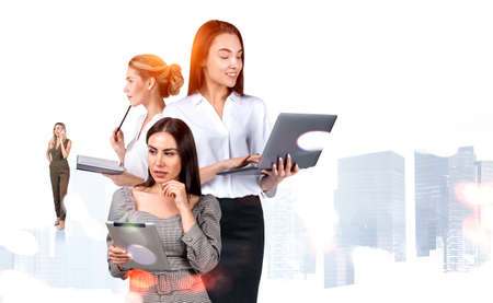Group of business people working together having a meeting discussing company development. city...