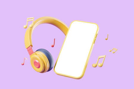 Smartphone empty mockup screen, headphones with colorful notes on purple background. Concept of...