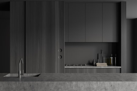 Dark kitchen interior with stone bar island with sink, kitchenware on deck. Black wooden shelves in modern cooking space. 3D renderingの写真素材