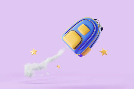 School backpack taking off on purple background. Concept of back to school and achievement. 3D...