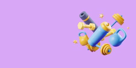 Cartoon workout equipment on purple background, floating set. Concept of fitness and lifestyle....