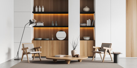 Front view on bright living room interior with armchairs, coffee table, concrete floor, carpet,...
