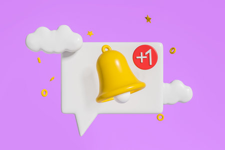 Mockup blank speech bubble with yellow bell, clouds on purple background. Message and news, geometric figures elements. concept of notification. 3D renderingの写真素材