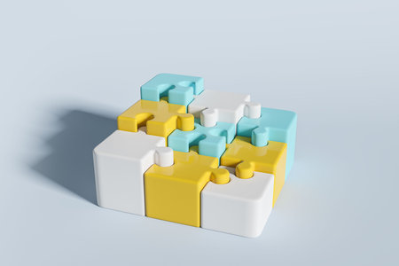 Colorful puzzle pieces connecting in a complete figure. Concept of plan and full picture. 3D renderingの写真素材