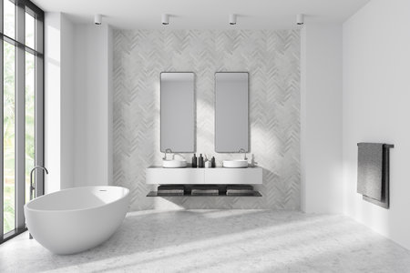 White bathroom interior with double sink and mirror, bathtub and towel on rail. Panoramic window on tropical view. 3D renderingの写真素材
