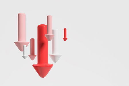 Multiple red arrows falling on gray background. Concept of crisis and depression. copyspace. 3D renderingの写真素材
