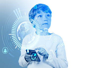 Boy child finger touching phone, earth sphere and digital connection hologram, web icons. Metaverse...