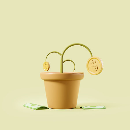 Money tree, plant in pot with falling dollar banknotes and golden coin on light green background. Concept of business failure and crisis. 3D renderingの写真素材