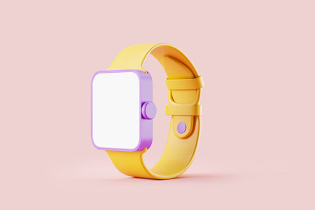 Colorful cartoon smart watch with empty blank screen on pink background. Concept of device and app. 3D renderingの写真素材