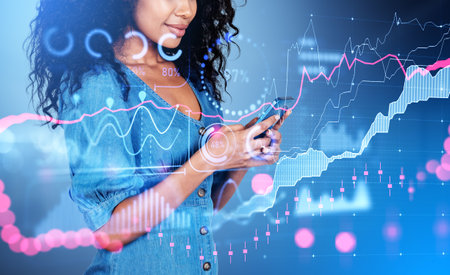 Black businesswoman working with smartphone, double exposure, colorful forex analysis hud, stock...