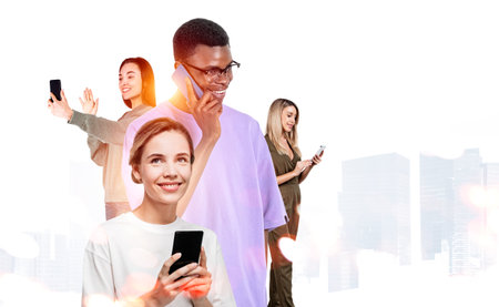 Multinational business student working together, video conference and call. Happy and smiling portraits, business skyscrapers silhouette overlay. concept of business educationの写真素材