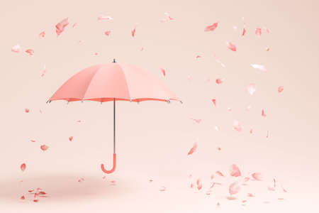 Big pink umbrella with falling leaves on light background. concept of season change. 3D renderingの写真素材