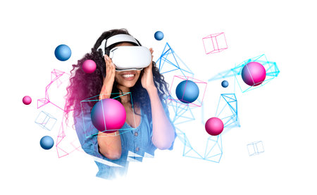 African woman portrait in vr glasses, smiling in metaverse with big data spheres and blocks floating...