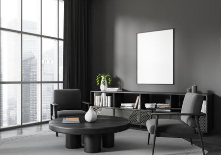 Dark living room interior two armchairs and sideboard, side view, coffee table on carpet. Panoramic window on city view. Mock up blank poster. 3D renderingの写真素材