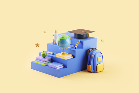 Education progress on stairs, podium side view. Books and school backpack, earth globe, spaceship and graduation cap. Concept of learning and results. 3D renderingの写真素材