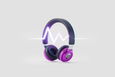 Black headphones with triangle sound waves on gray background. concept of music. 3D rendering