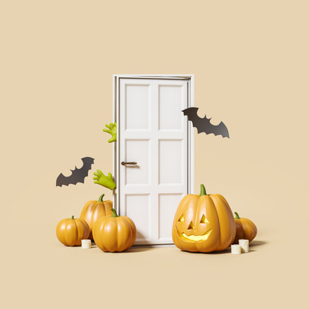 Cartoon zombie hands through the door, halloween pumpkin with candles on beige background. Concept of holidays and weekends. 3D renderingの写真素材
