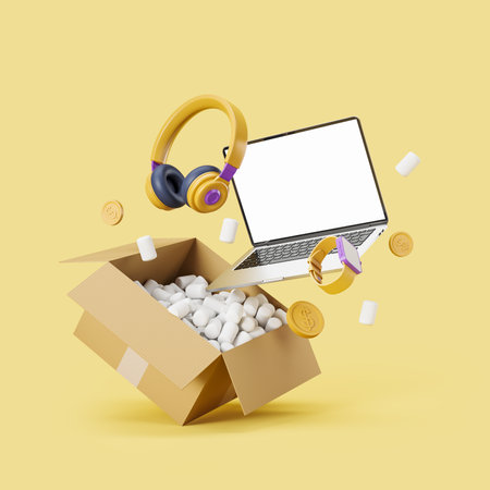 Open carton package with headphones and smart watch, laptop with empty screen on yellow background....