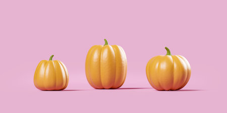 Three pumpkins on pink background. Concept of thanksgiving day and harvest. 3D renderingの写真素材